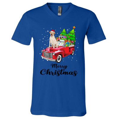 Labrador Retriever Ride Red Truck Christmas Pajama Gift V-Neck T-Shirt