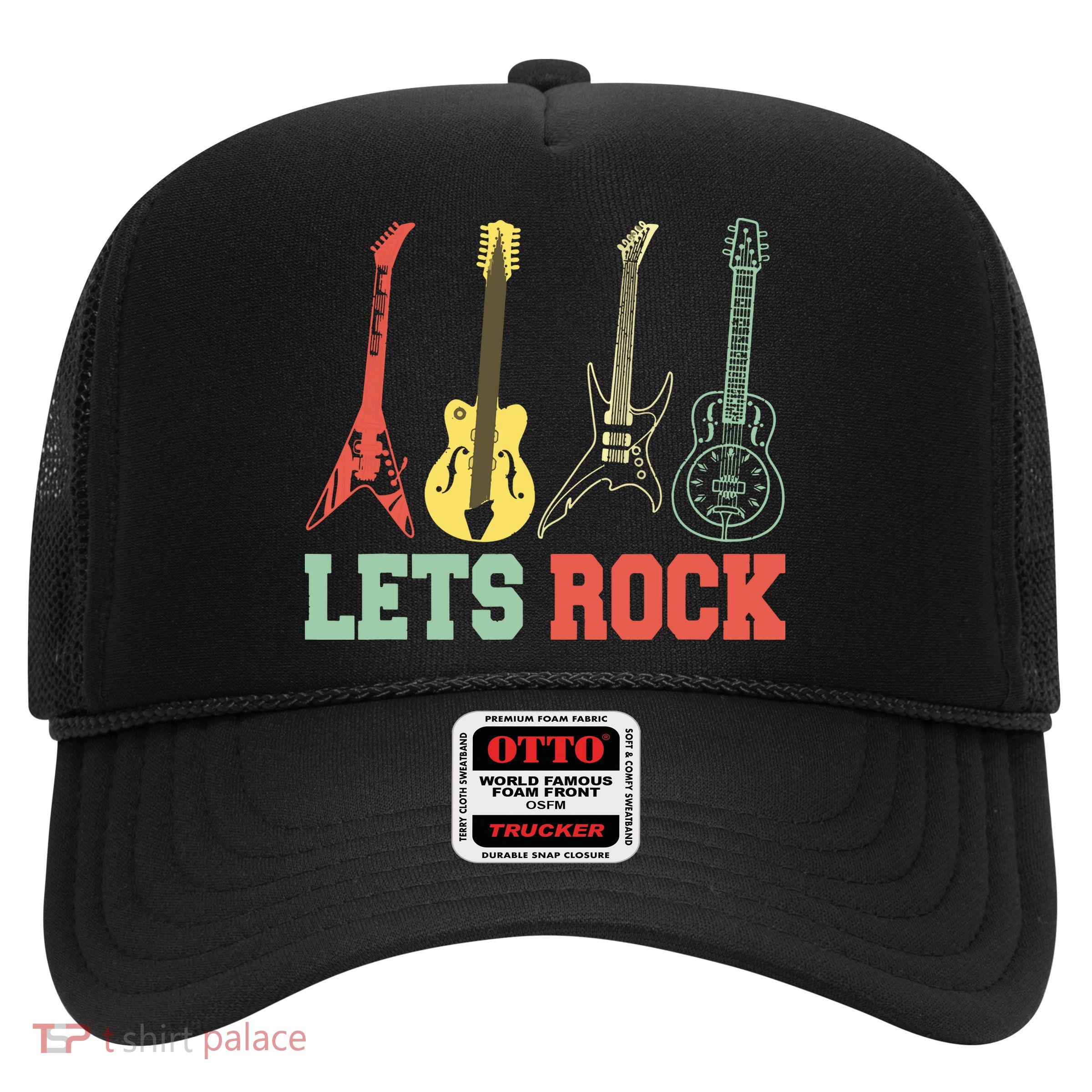 Lets Rock Rock N Roll Guitar Retro Trucker Hat