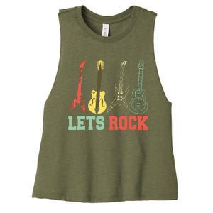 Lets Rock Rock N Roll Guitar Retro Women's Racerback Cropped Tank