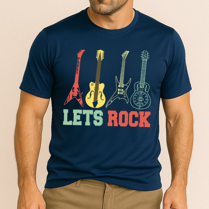 Lets Rock Rock N Roll Guitar Retro Cooling Performance Crew T-Shirt