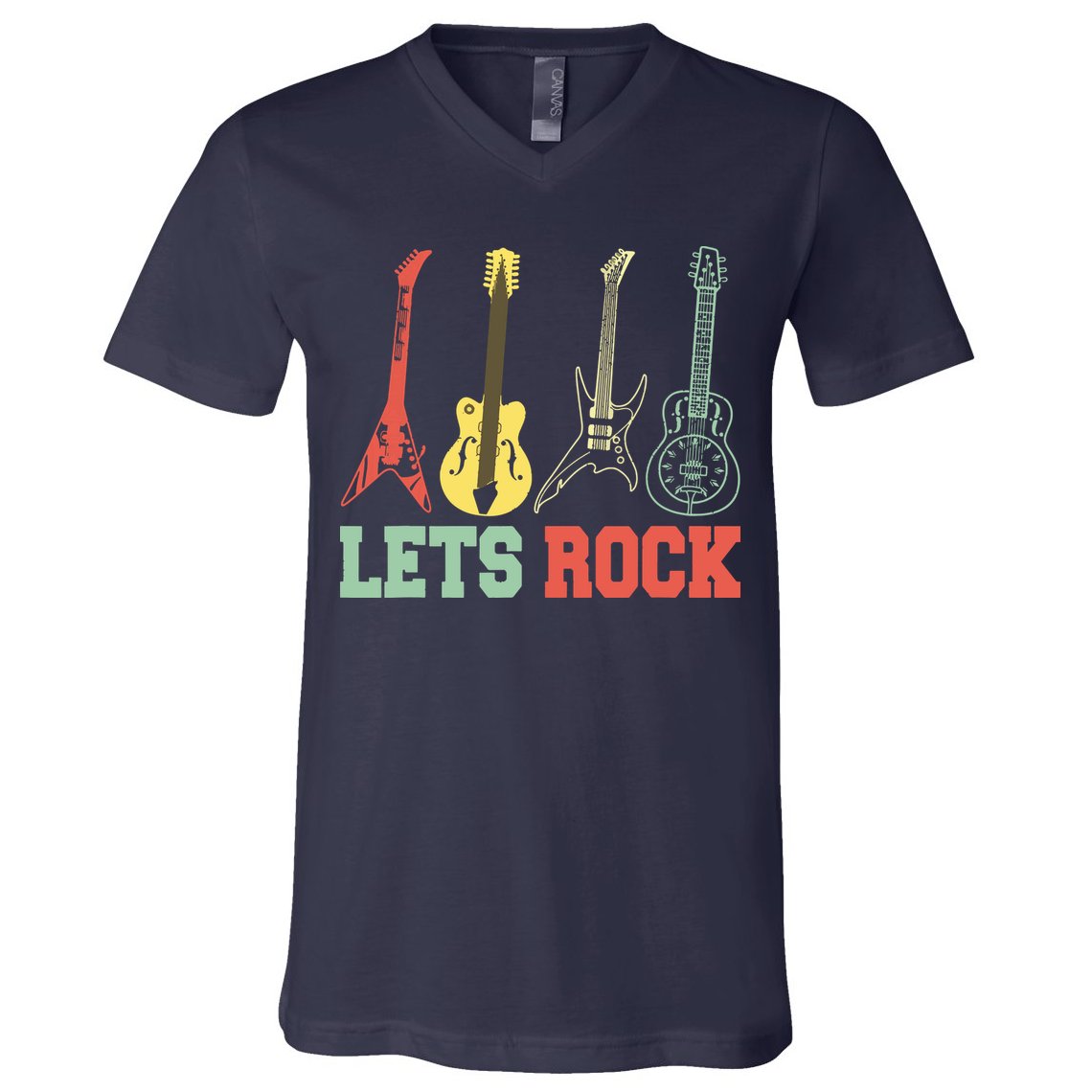 Lets Rock Rock N Roll Guitar Retro V-Neck T-Shirt