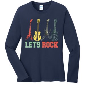 Lets Rock Rock N Roll Guitar Retro Ladies Long Sleeve Shirt