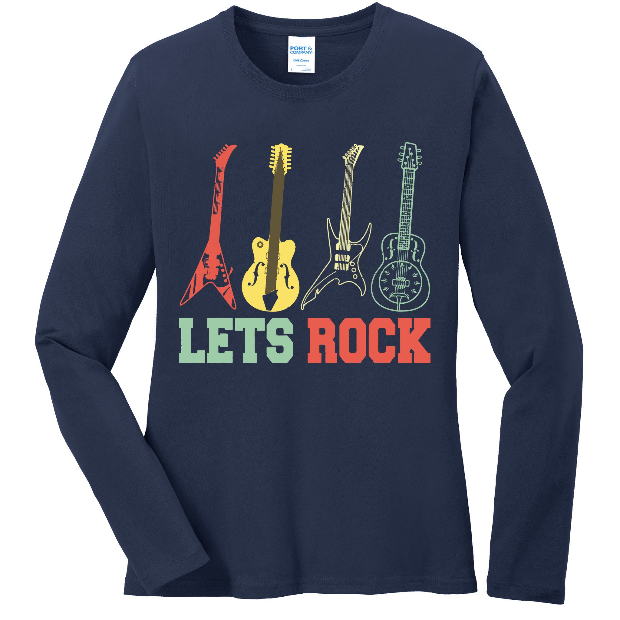 Lets Rock Rock N Roll Guitar Retro Ladies Long Sleeve Shirt