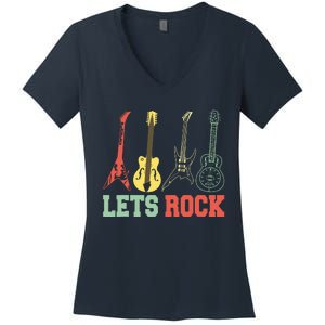 Lets Rock Rock N Roll Guitar Retro Women's V-Neck T-Shirt