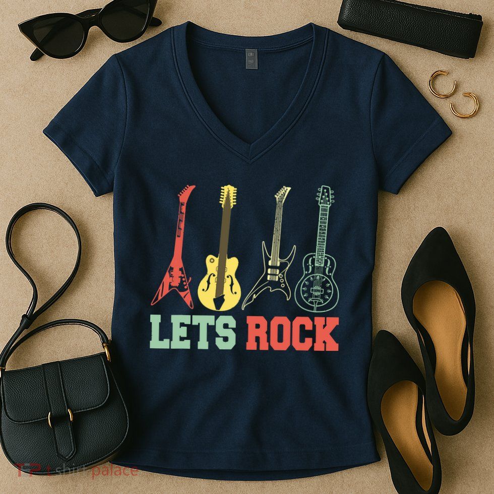 Lets Rock Rock N Roll Guitar Retro Women's V-Neck T-Shirt