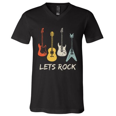 Lets Rock Rock N Roll Guitar Retro Gift V-Neck T-Shirt