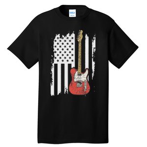 Lets Rock Rock N Roll Guitar Retro Usa Flag Music Tall T-Shirt