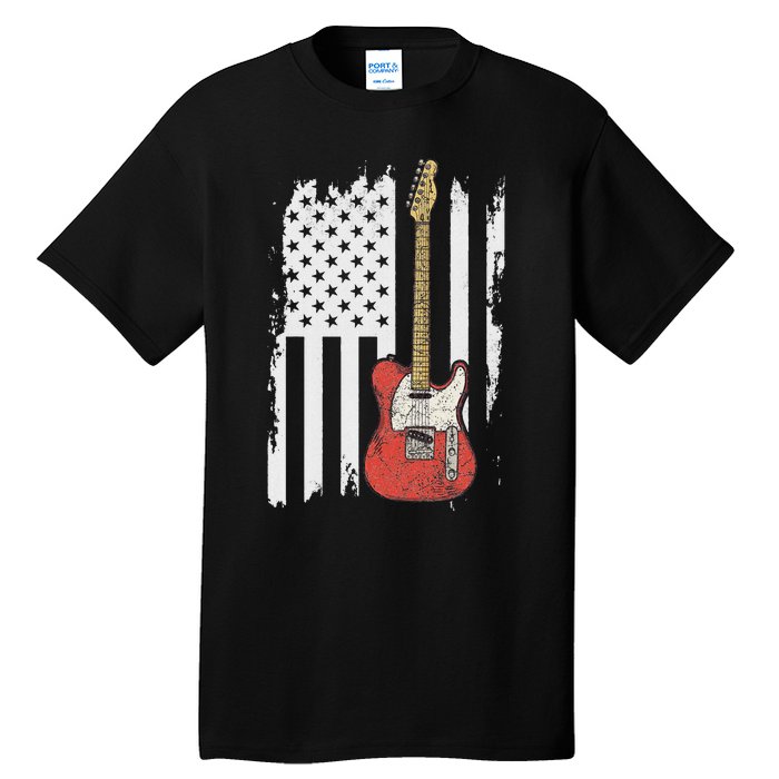 Lets Rock Rock N Roll Guitar Retro Usa Flag Music Tall T-Shirt