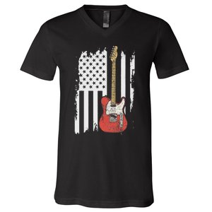 Lets Rock Rock N Roll Guitar Retro Usa Flag Music V-Neck T-Shirt