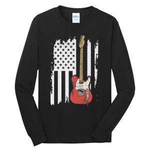 Lets Rock Rock N Roll Guitar Retro Usa Flag Music Tall Long Sleeve T-Shirt