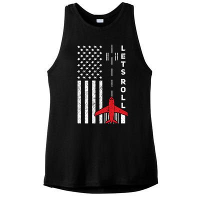 Lets Roll Retro Airplane Pilot Aviation American Flag Gift Ladies PosiCharge Tri-Blend Wicking Tank