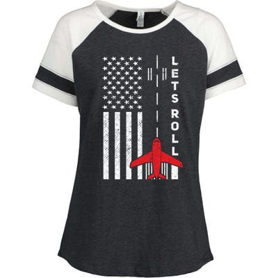 Lets Roll Retro Airplane Pilot Aviation American Flag Gift Enza Ladies Jersey Colorblock Tee