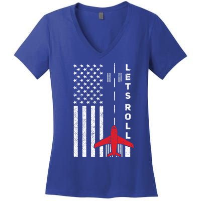 Lets Roll Retro Airplane Pilot Aviation American Flag Gift Women's V-Neck T-Shirt