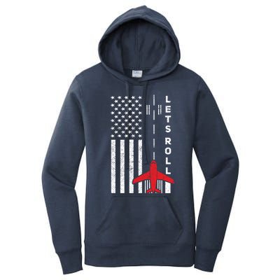 Lets Roll Retro Airplane Pilot Aviation American Flag Gift Women's Pullover Hoodie