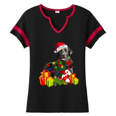 Labrador Retriever Reindeer Xmas Light Christmas Santa Hat Gift Ladies Halftime Notch Neck Tee