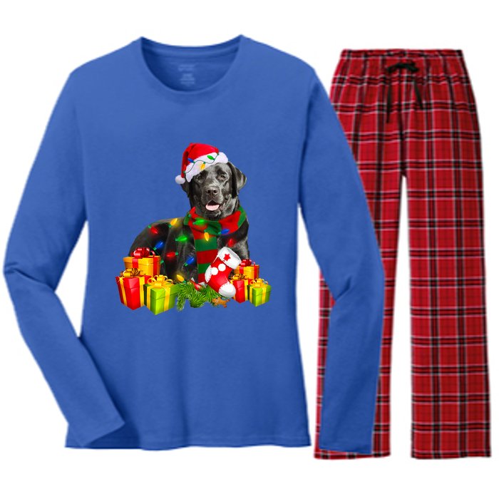 Labrador Retriever Reindeer Xmas Light Christmas Santa Hat Gift Women's Long Sleeve Flannel Pajama Set 