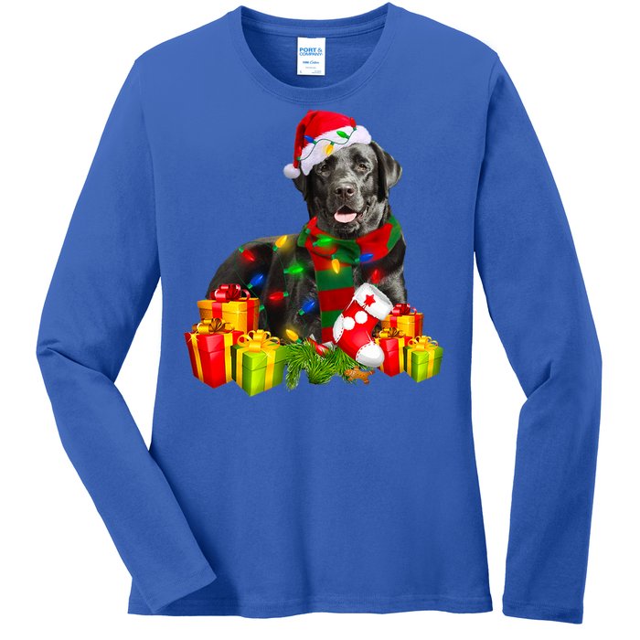 Labrador Retriever Reindeer Xmas Light Christmas Santa Hat Gift Ladies Long Sleeve Shirt