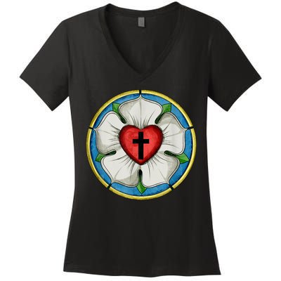LUTHER ROSE SEAL LUTHERAN SYMBOL CHRISTIAN CROSS Women's V-Neck T-Shirt
