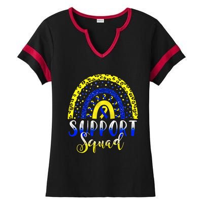 Leopard Rainbow Support Squad T21 Down Syndrome Boho Rainbow Yellow Blue Ribbon Ladies Halftime Notch Neck Tee