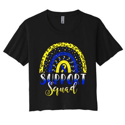 Leopard Rainbow Support Squad T21 Down Syndrome Boho Rainbow Yellow Blue Ribbon Women's Crop Top Tee