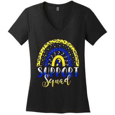 Leopard Rainbow Support Squad T21 Down Syndrome Boho Rainbow Yellow Blue Ribbon Women's V-Neck T-Shirt