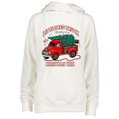 Little Red Truck Hauling A Christmas Tree Womens Funnel Neck Pullover Hood