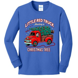 Little Red Truck Hauling A Christmas Tree Kids Long Sleeve Shirt