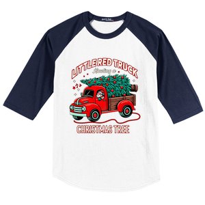 Little Red Truck Hauling A Christmas Tree Baseball Sleeve Shirt