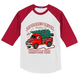 Little Red Truck Hauling A Christmas Tree Kids Colorblock Raglan Jersey