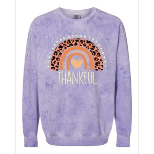 Leopard Rainbow Thankful Thanksgiving Teacher Women Colorblast Crewneck Sweatshirt