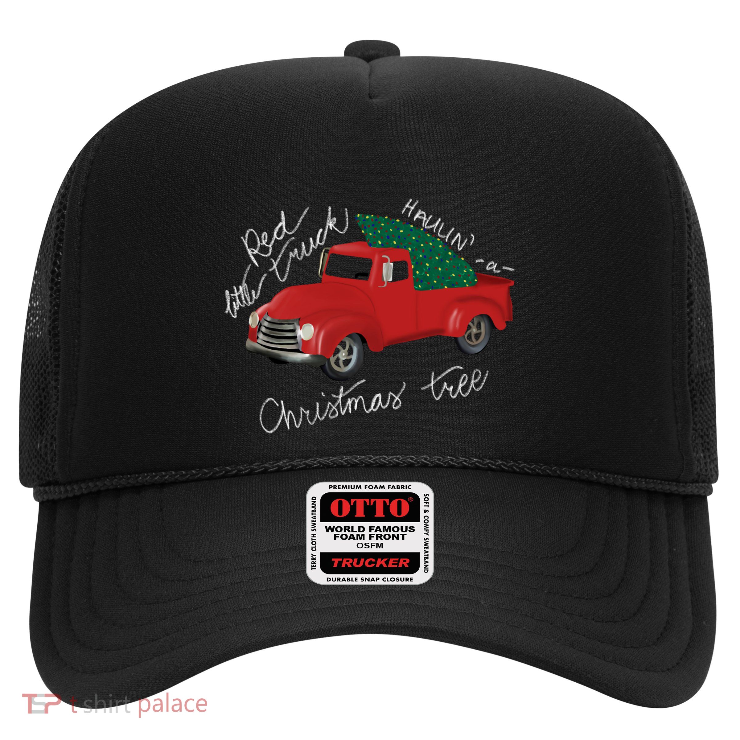 Little Red Truck Hauling A Christmas Tree Gift Trucker Hat
