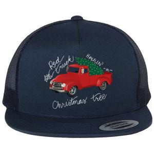 Little Red Truck Hauling A Christmas Tree Gift Flat Bill Trucker Hat