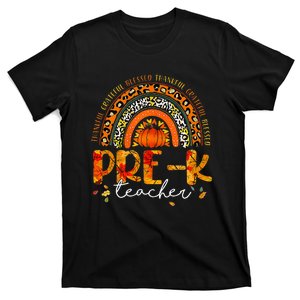 Leopard Rainbow Thankful Pre K Teacher Fall Thanksgiving T-Shirt