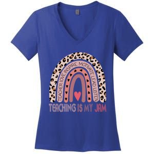 Leopard Rainbow Teacher Inspirational Teaching Is My Jam Funny Gift Women's V-Neck T-Shirt