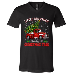 Little Red Truck Hauling A Christmas Tree V-Neck T-Shirt