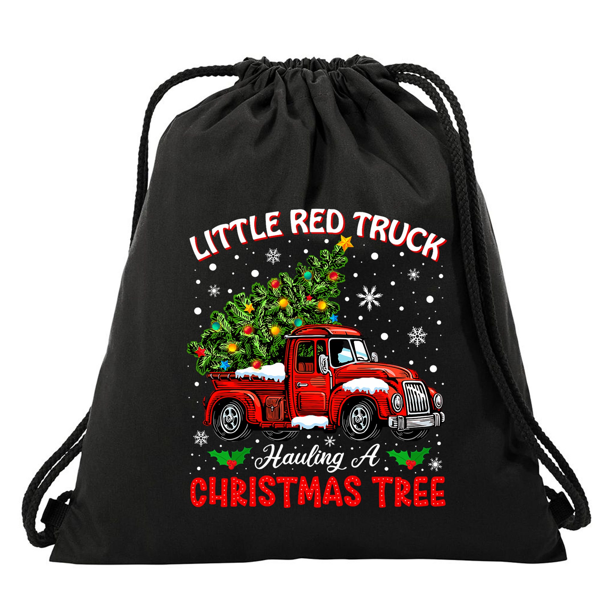Little Red Truck Hauling A Christmas Tree Drawstring Bag