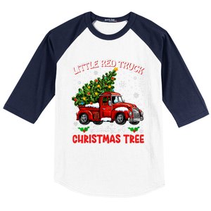 Little Red Truck Hauling A Christmas Tree Baseball Sleeve Shirt