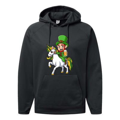 Leprechaun Riding Unicorn St Patrick Day Gift Unicorn Lover Performance Fleece Hoodie