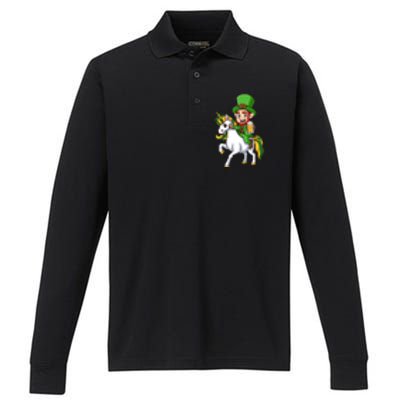 Leprechaun Riding Unicorn St Patrick Day Gift Unicorn Lover Performance Long Sleeve Polo