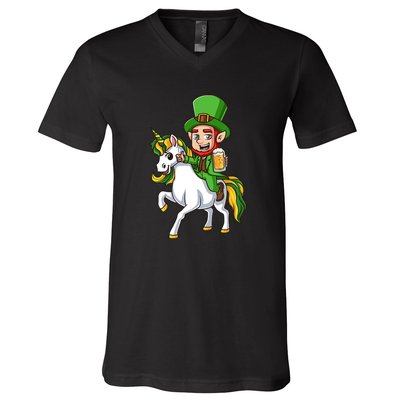 Leprechaun Riding Unicorn St Patrick Day Gift Unicorn Lover V-Neck T-Shirt