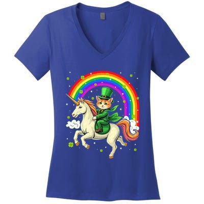 Leprechaun Riding Unicorn Rainbow St PatrickS Fun Cool Gift Women's V-Neck T-Shirt