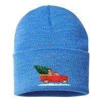 Labrador Retriever Vintage Red Pickup Truck Christmas Tree Funny Gift Sustainable Knit Beanie