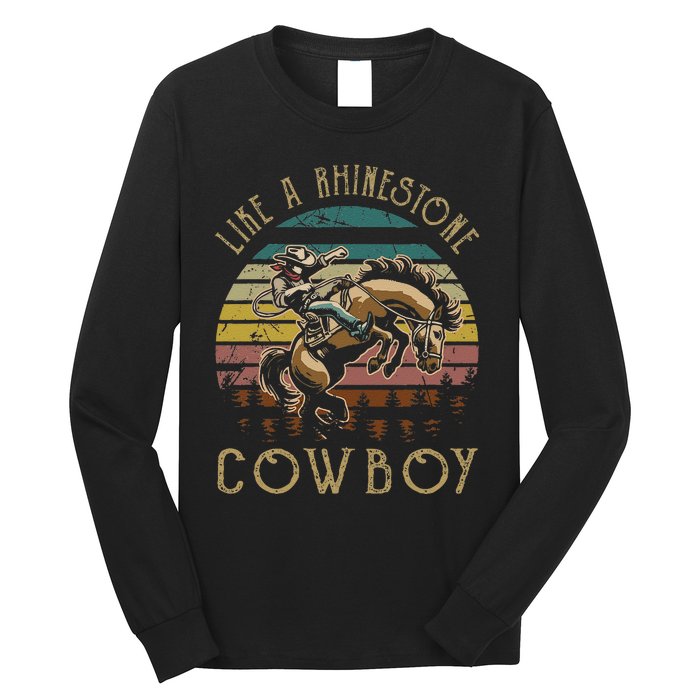 Like Rhinestones Vintage Art Western Horses Riding Cowboy Gift Long Sleeve Shirt