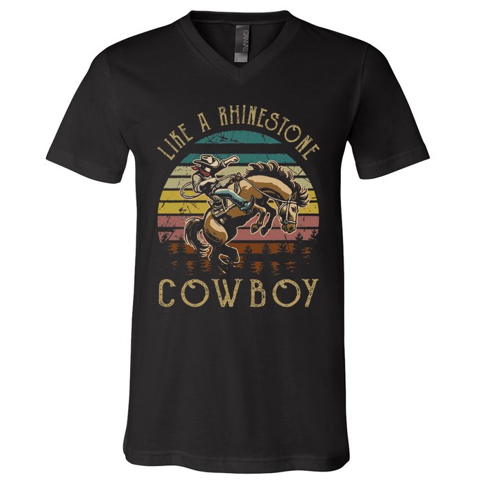 Like Rhinestones Vintage Art Western Horses Riding Cowboy Gift V-Neck T-Shirt