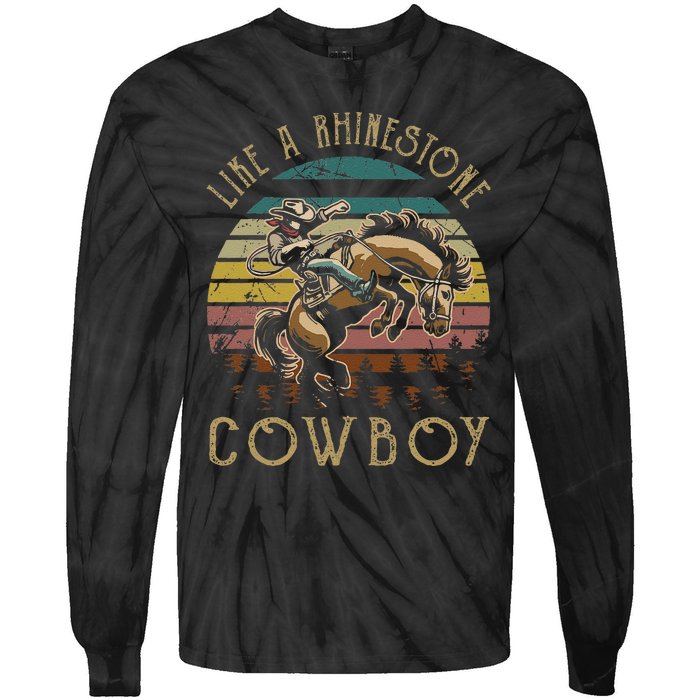 Like Rhinestones Vintage Art Western Horses Riding Cowboy Gift Tie-Dye Long Sleeve Shirt