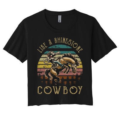 Like Rhinestones Vintage Art Western Horses Riding Cowboy Gift Women's Crop Top Tee