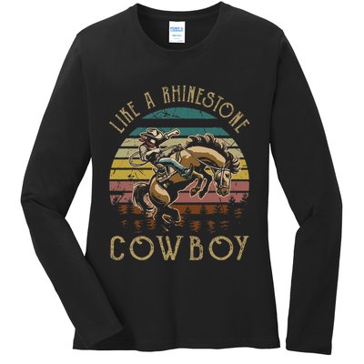 Like Rhinestones Vintage Art Western Horses Riding Cowboy Gift Ladies Long Sleeve Shirt