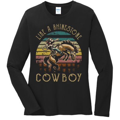 Like Rhinestones Vintage Art Western Horses Riding Cowboy Gift Ladies Long Sleeve Shirt