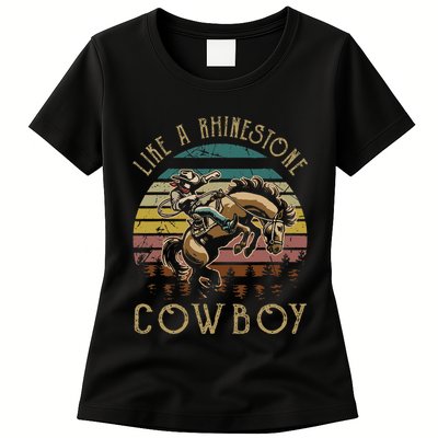 Like Rhinestones Vintage Art Western Horses Riding Cowboy Gift Womens T-Shirt