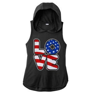 LOVE Red White And Blue Stars And Stripes Ladies PosiCharge Tri-Blend Wicking Draft Hoodie Tank